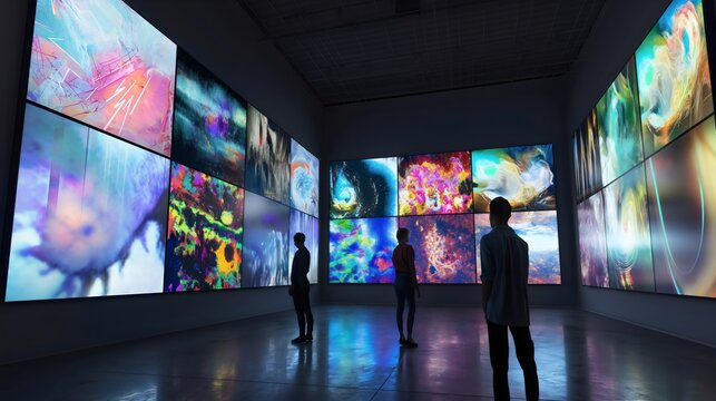 A group o people tourist visitors in a digital museum exhibition watching a modern screen picture art on the wall. Concepts of gallert culture, futuristic environment, education, technology  - Powered by Adobe