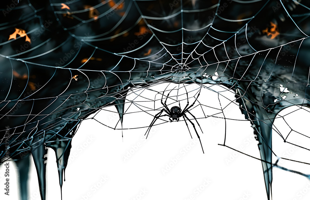 Wall mural black spider and torn web. scary spiderweb of halloween symbol