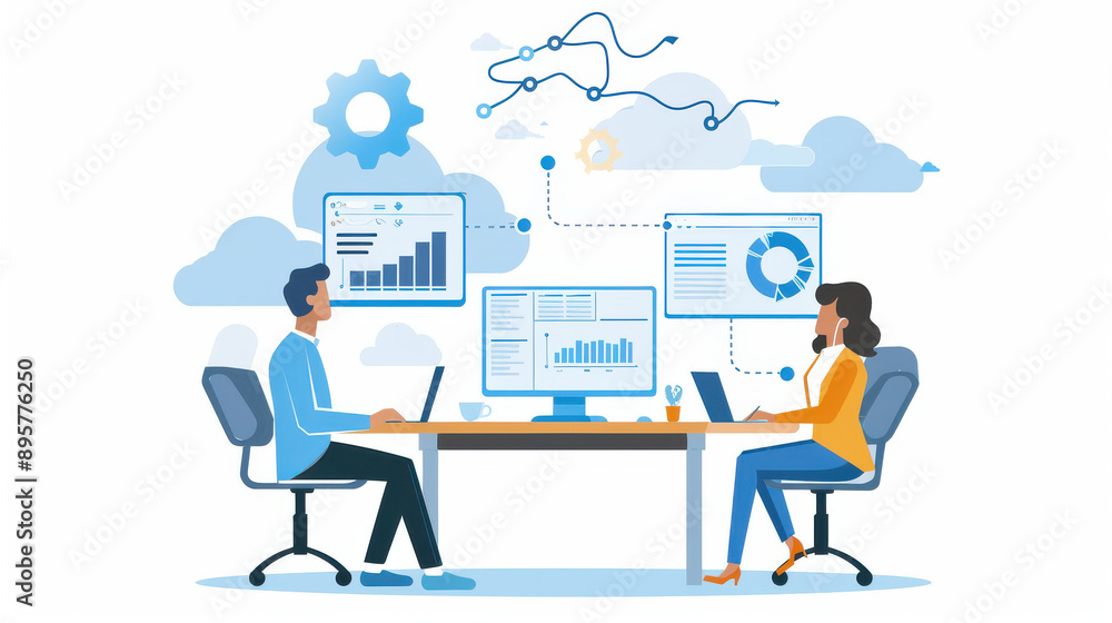 Poster business team using cloud-based collaboration software for global data exchange, teamwork dynamics