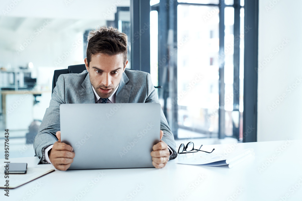 Poster glitch, laptop and surprise with business man at desk in office for reaction to administration error