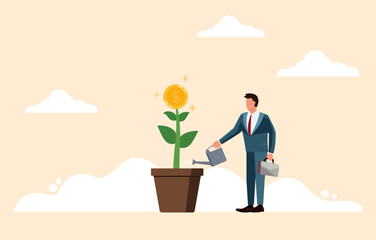 A businessman who waters a flowering plant is a gold coin. Concept of financial growth or investing to increase profits. Success in Business Wealth Management. Vector illustration flat design style