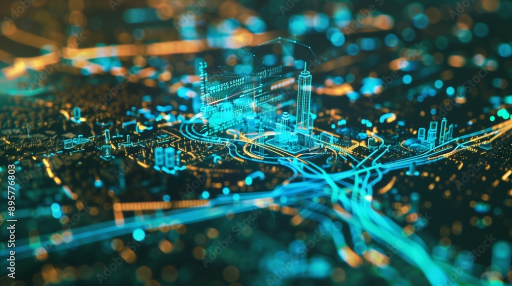 Poster futuristic abstract city model showcasing gis geodata mapping concept with vibrant digital layers an