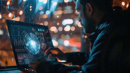 AI software generating images on a laptop, man navigating the advanced user interface