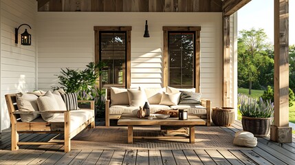 Fototapeta premium A farmhouse patio with wooden furniture, cozy cushions, rustic decor, shiplap walls, a cozy rug, and a warm, inviting atmosphere, hd quality, natural look. --ar 16:9 --v 6.0 --s 250 --style raw