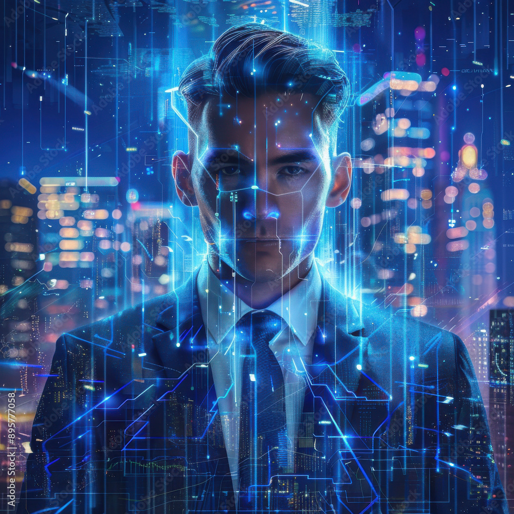 Poster amidst advancements in blockchain and cloud computing, the businessman navigates the frontier of sec