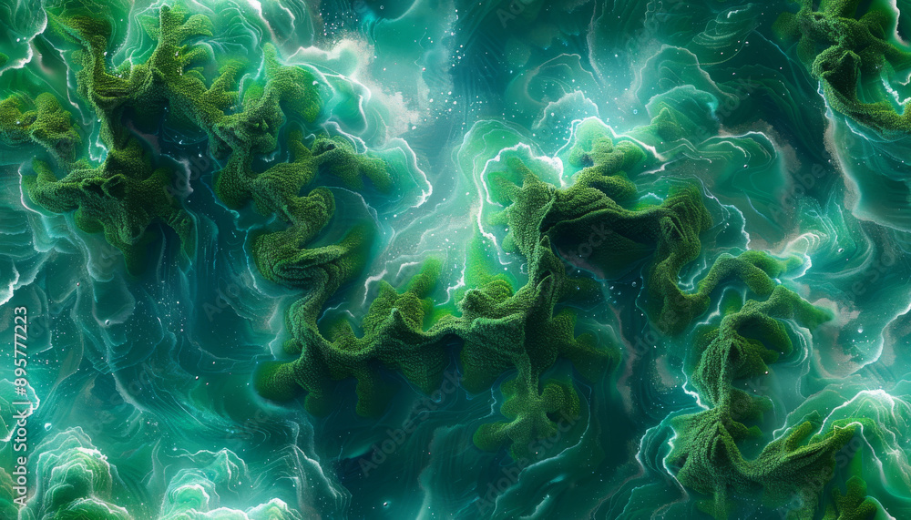 Poster abstract green fluid pattern with dynamic swirls. digital art illustration