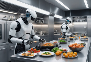  Futuristic kitchen with a robotic chef preparing a gourmet meal. 