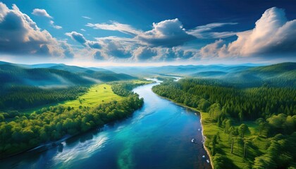 River images, landscapes with rivers and clouds, A winding river is flowing in a forest and the sky is blue and there are white clouds too, spring background,