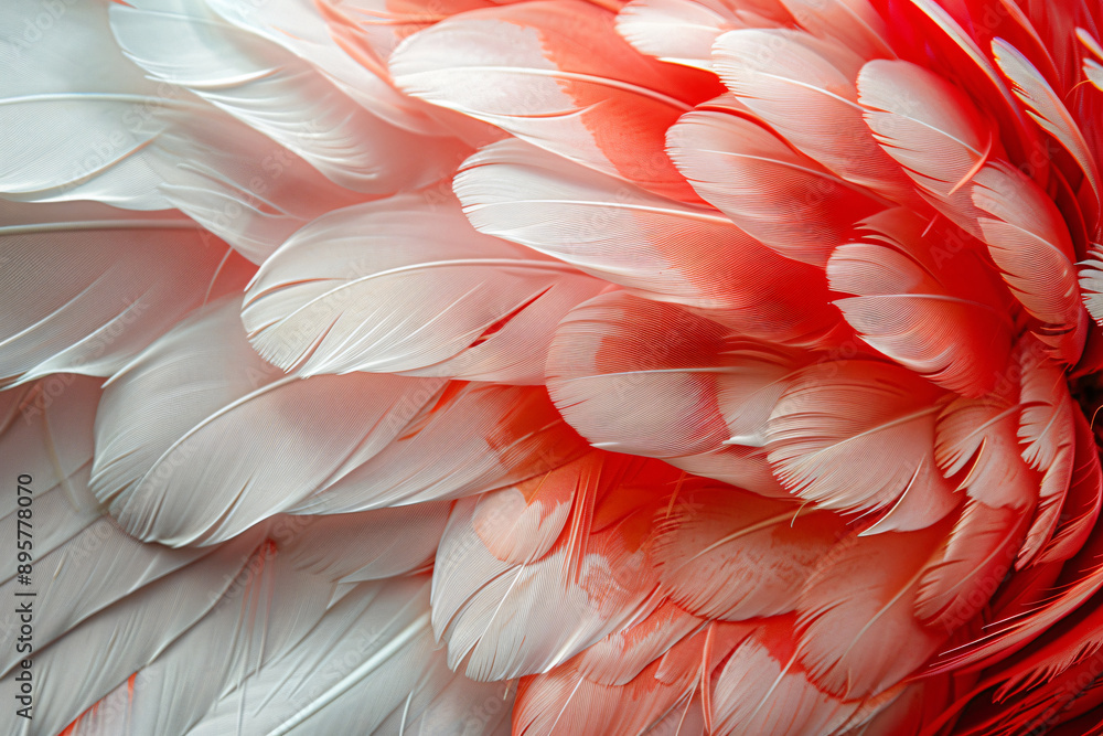 Poster abstract background of red and white feathers resembling chicken feathers, shown in close-up. textur