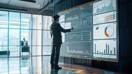 high-tech scene with a financial planner using a large, interactive wall to manipulate and forecast budget scenarios using advanced analytics tools