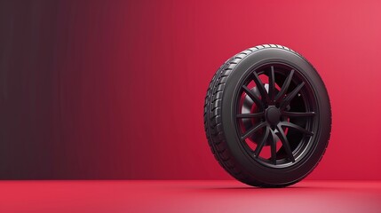 Modern car wheel with a disk on a red background and engine oil. Advertising poster. Car tires.Advertising banner for the sale. Black rubber tire. Landscape poster, flyer, booklet brochure design