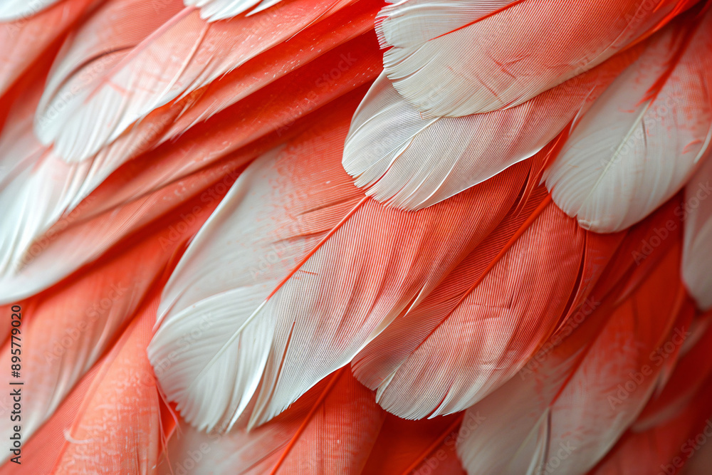 Poster abstract background of red and white feathers resembling chicken feathers, shown in close-up. textur