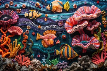 A seascape, intricately carved with a variety of seashells, corals, and other marine life forms. Generative AI