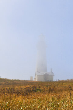 Yaquina Head Lighthouse on the Oregon Coast of the United States, established in 1873, seen in the mist. 