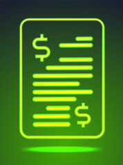 Green neon financial document icon. Taxes line glowing sign