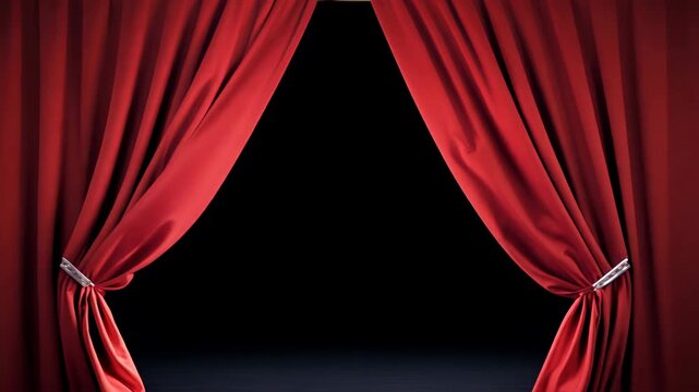 Red curtain open animation, black background. Theater, opera, show or stage presentation