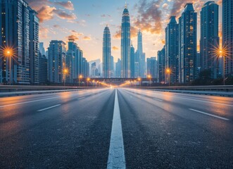 Obraz premium Empty Highway Towards Skyscrapers