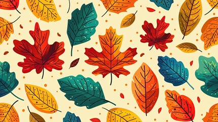 A colorful autumn leaf pattern with a yellow background
