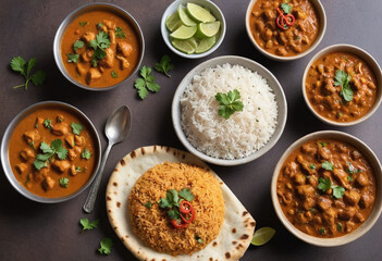 Fototapeta premium Vibrant display of colorful Indian curries with rice and naan bread. 