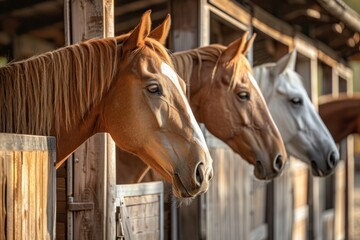 Beautiful horses in a stall in a row, horse corral on a sunny day