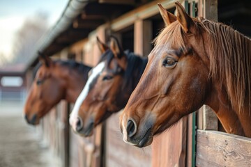 Fototapeta premium Beautiful horses in a stall in a row, horse corral on a sunny day