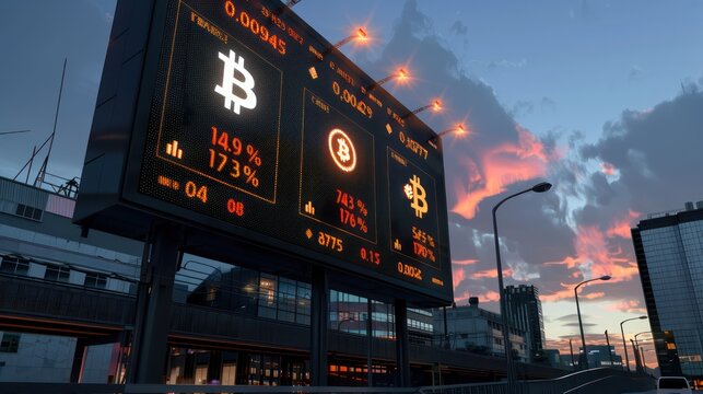 large, futuristic electronic billboard in a financial district displaying real-time cryptocurrency rates under a twilight sky