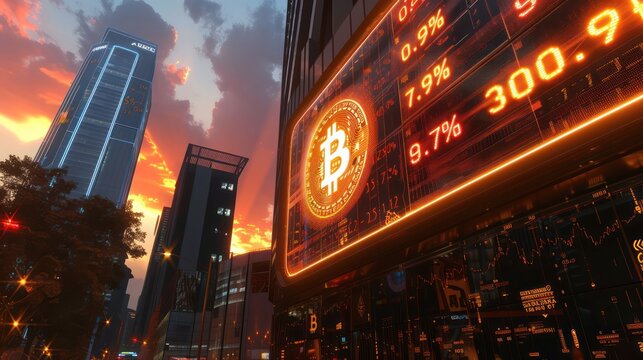 large, futuristic electronic billboard in a financial district displaying real-time cryptocurrency rates under a twilight sky
