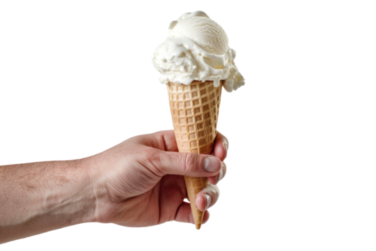 A hand stretches out of the frame, holding a vanilla ice cream cone with a golden, crisp cone, perfect for a taste of summer's cool treat
