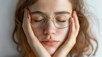 Fototapeta premium Tired Eye. Portrait of Young Woman Rubbing Her Eyes with Reading Glasses