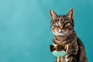 Cat with a trophy on a blue background