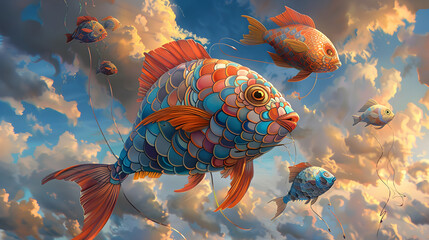 Surreal Flying Fish Balloons: Balloons shaped like colorful fish float through a sky of swirling aquatic hues, each balloon adorned with patterns of scales and fins.


