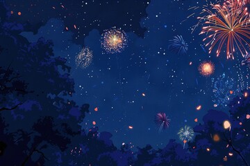 A spectacular array of bright fireworks illuminates the night sky, casting an awe-inspiring glow perfect for festivities and joyous celebrations.