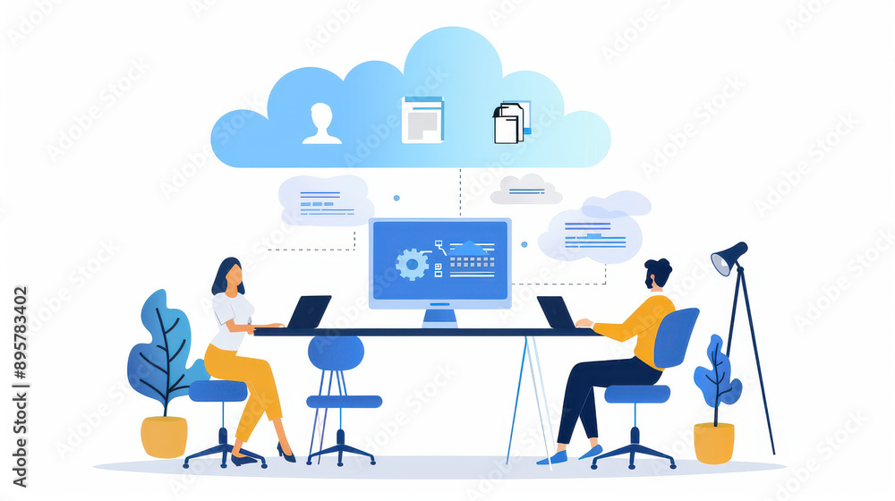 Poster business team using cloud-based collaboration software for global data exchange, teamwork dynamics