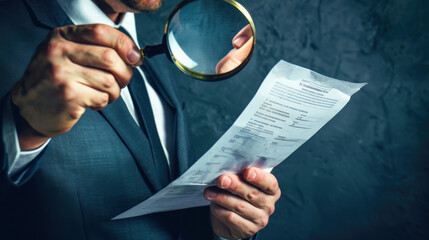 Businessman examining quality assurance certification with a magnifying glass, emphasizing standard quality control