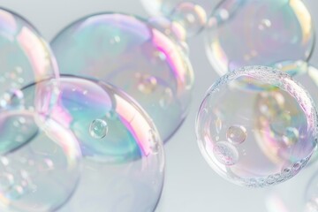 Close up transparent soap bubbles on white background