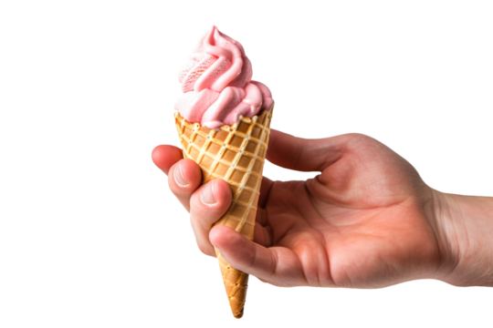 A hand holds a soft serve ice cream cone, the pink swirls of the frozen treat contrasting sharply with the crisp white background.