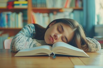 Close-up and front view of a lazy student girl at home resting with her head leaning on the open school book
