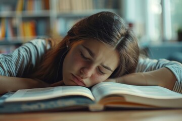Close-up and front view of a lazy student girl at home resting with her head leaning on the open school book
