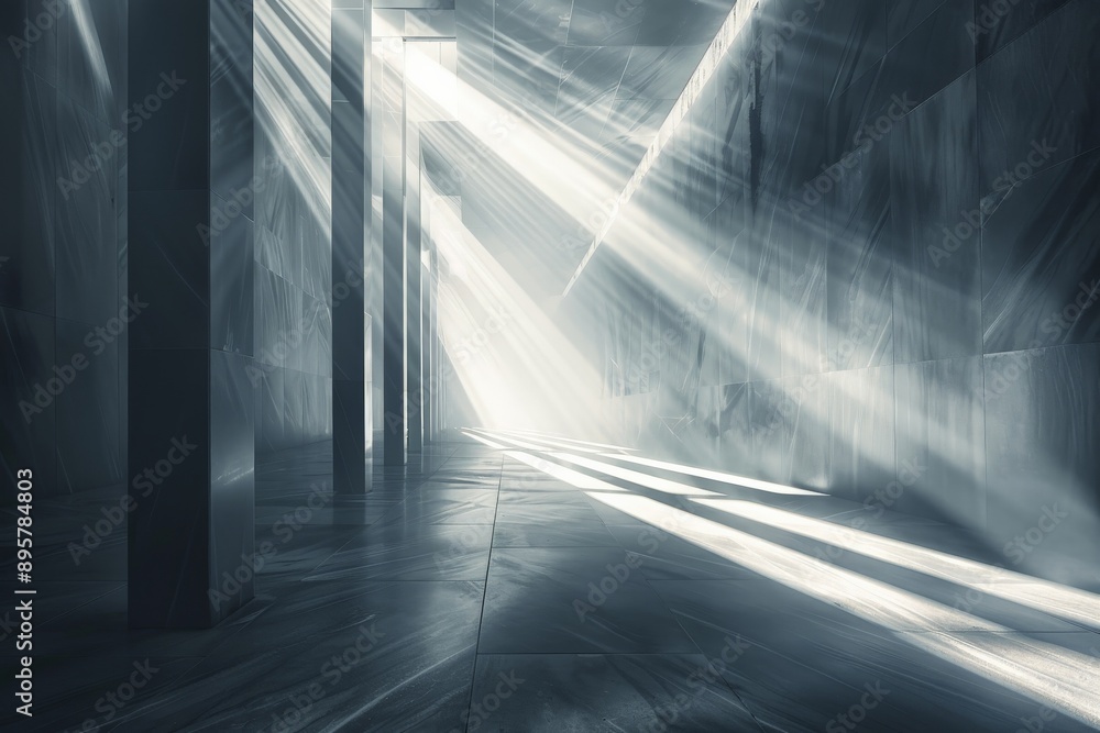 Poster A captivating image of sunlight streaming through the windows of a modern architectural space, highlighting the sleek lines and open design of the structure.