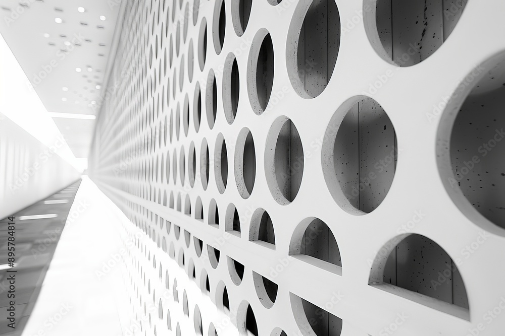 Aufkleber a monochrome image offering a perspective view of a perforated wall, characterized by circular perfo