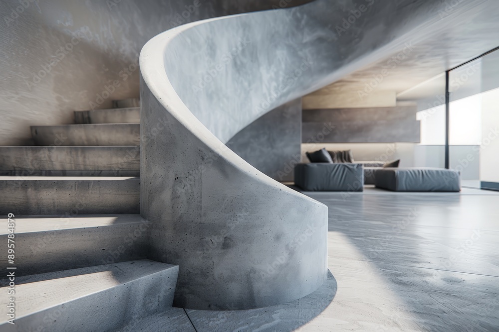 Aufkleber photograph of a smooth, sweeping concrete spiral staircase within a modern, bright living space. it 