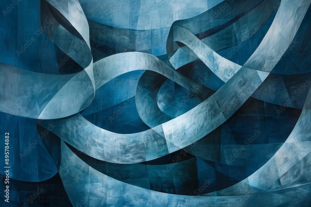 Fototapete Abstract image showcasing blue and white ribbon-like shapes overlapping and interacting, creating a sense of movement and flow. The composition evokes fluidity and dynamism.