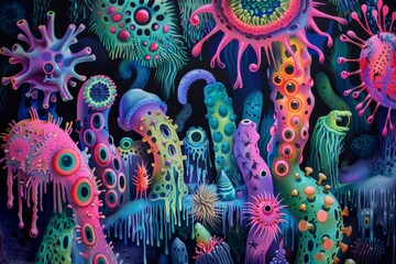 A vibrant, colorful illustration of abstract sea creatures and coral formations.
