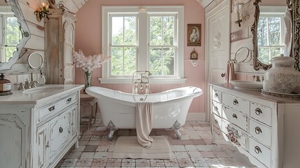 A shabby chic bathroom with a clawfoot tub, white distressed vanity, vintage fixtures, pastel tiles, soft lighting, and a cozy, romantic feel, hd quality, natural look. --ar 16:9 --v 6.