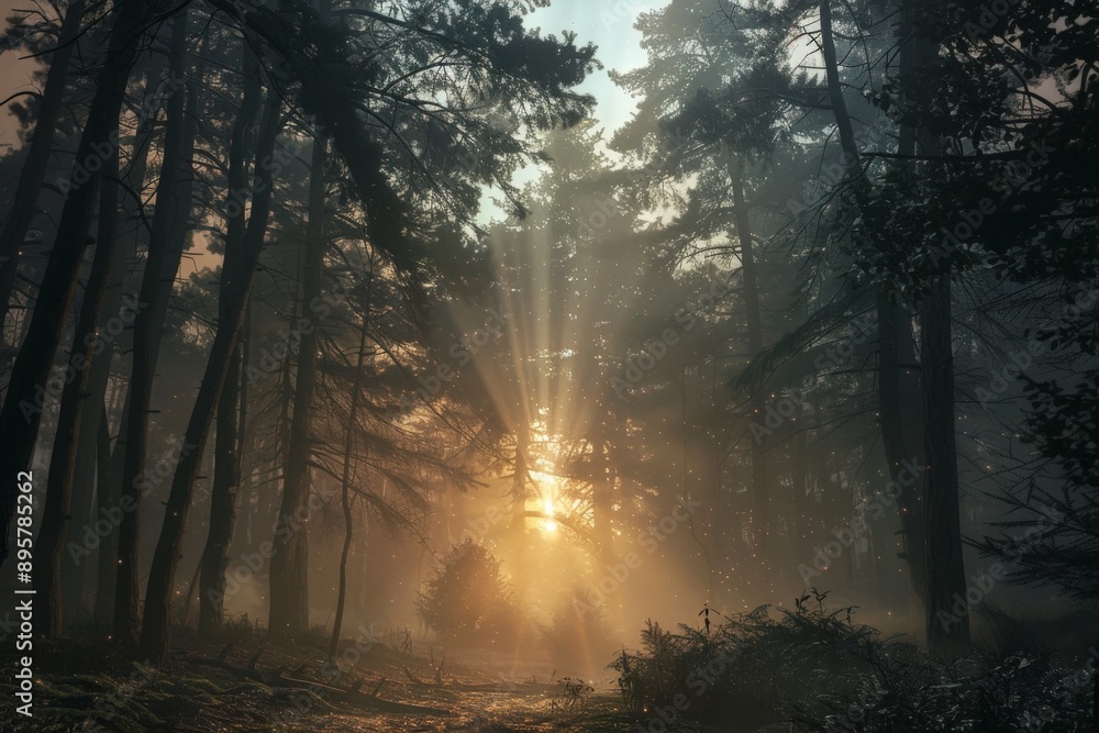 Poster A serene forest scene with tall trees and sunlight piercing through the mist, creating a magical and calming atmosphere with beautiful light and shadow play.