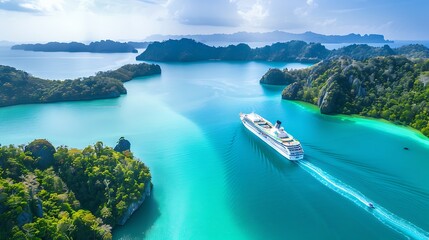 Cruise Ship Navigating Through a Tropical Archipelago