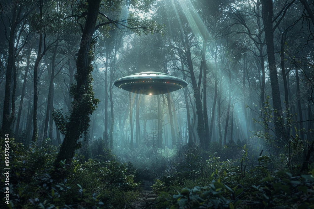 Poster An enchanting forest landscape with dense foliage and beaming sunlight rays, creating a tranquil, mystical ambiance that invites peace and introspection.