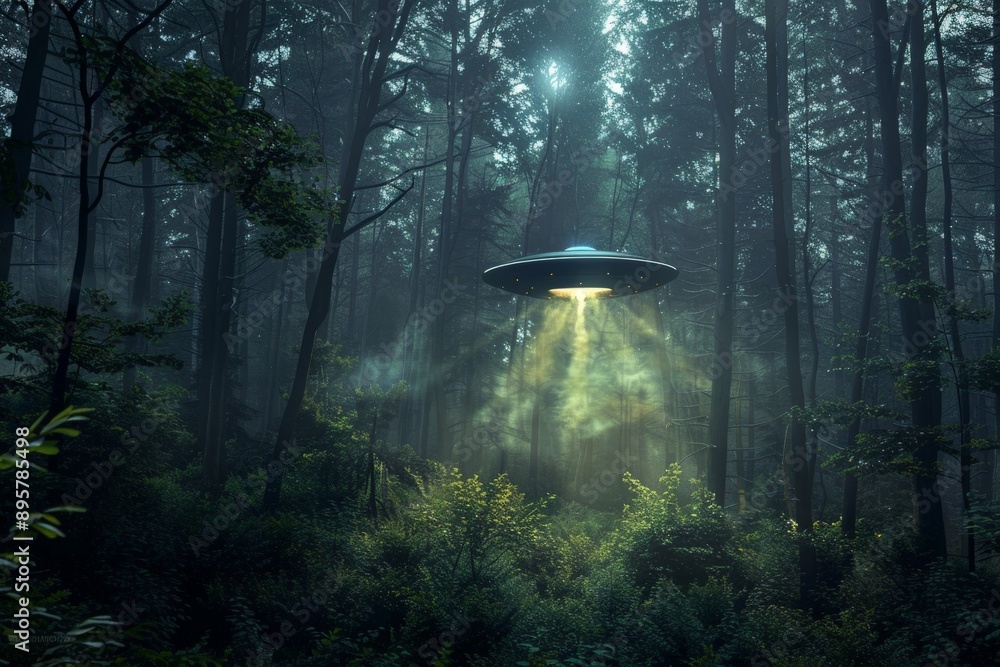 Poster a mysterious ufo hovers over a misty forest floor, casting beams of light that illuminate the surrou