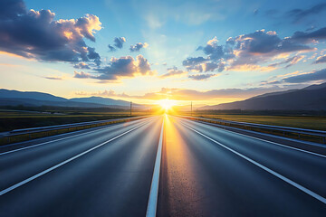 Naklejka premium A stunning sunrise illuminating a long, open road, surrounded by picturesque mountains and vibrant clouds.