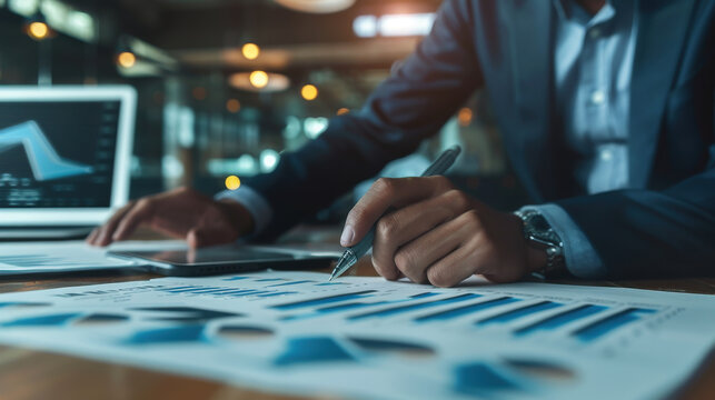 Businessman reviewing cost reduction strategies with digital tools, financial management and budgeting